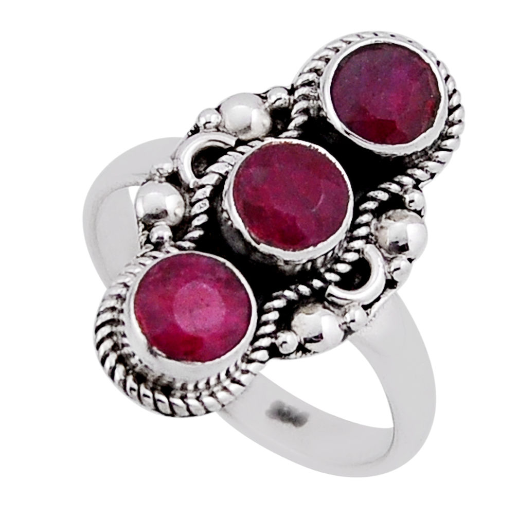 2.17cts 3 stone natural red ruby round 925 sterling silver ring size 6.5 n38412