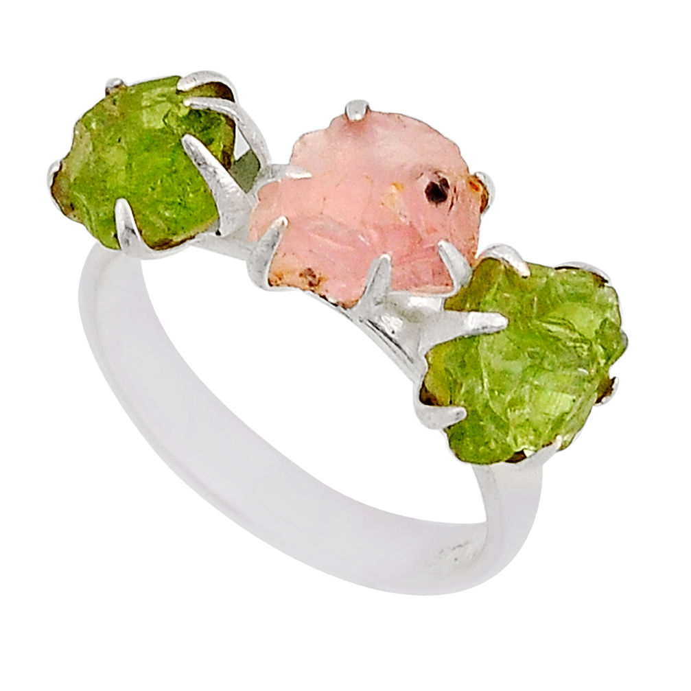 6.85cts 3 stone natural rose quartz peridot rough 925 silver ring size 7.5 n2235