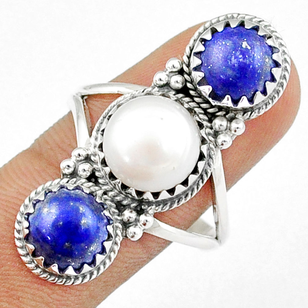 8.48cts 3 stone natural white pearl lapis lazuli silver ring size 10.5 u23189