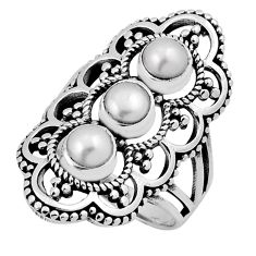 2.19cts 3 stone natural white pearl round 925 sterling silver ring size 7 n37189
