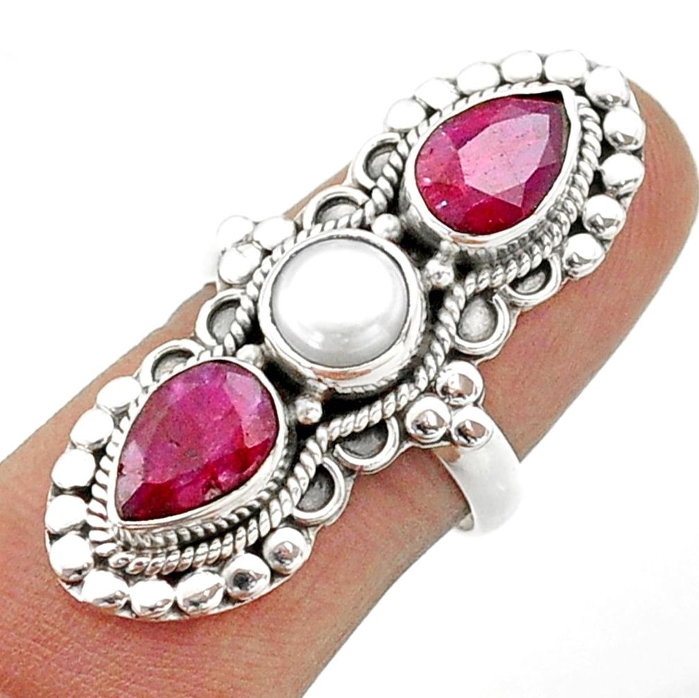 6.55cts 3 stone natural white pearl ruby 925 sterling silver ring size 7 t73809