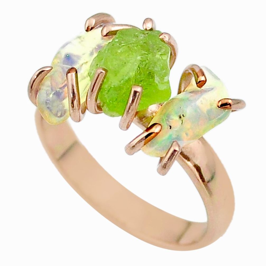 3 stone peridot ethiopian opal raw 925 silver 14k gold ring size 8 t51222