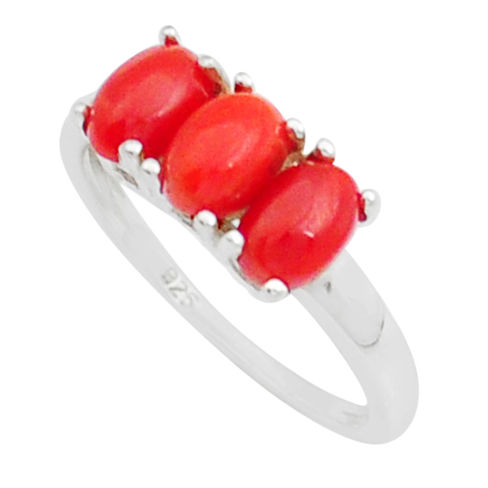 2.71cts 3 stone red coral oval 925 sterling silver ring jewelry size 6 y13855