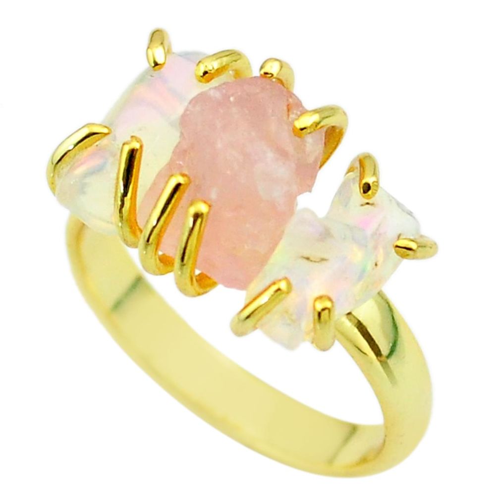 3 stone rose quartz ethiopian opal raw 925 silver 14k gold ring size 8 t51237