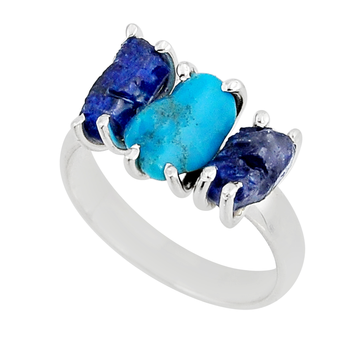 3 Stone Sleeping Beauty Turquoise Sapphire Rough 925 Silver Ring Y55254 ...