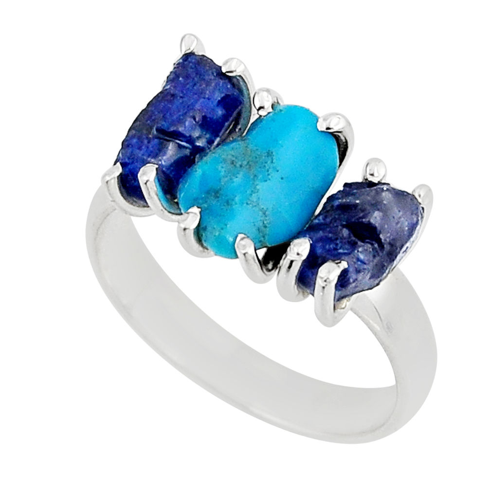 3 stone sleeping beauty turquoise sapphire rough 925 silver ring size 7.5 y55254