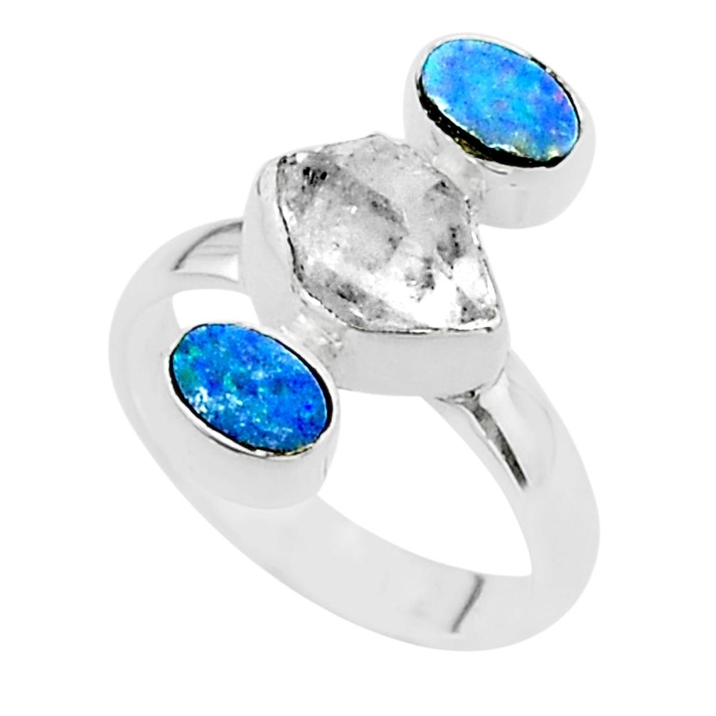 3 stone white herkimer diamond doublet opal australian silver ring size 7 t49877
