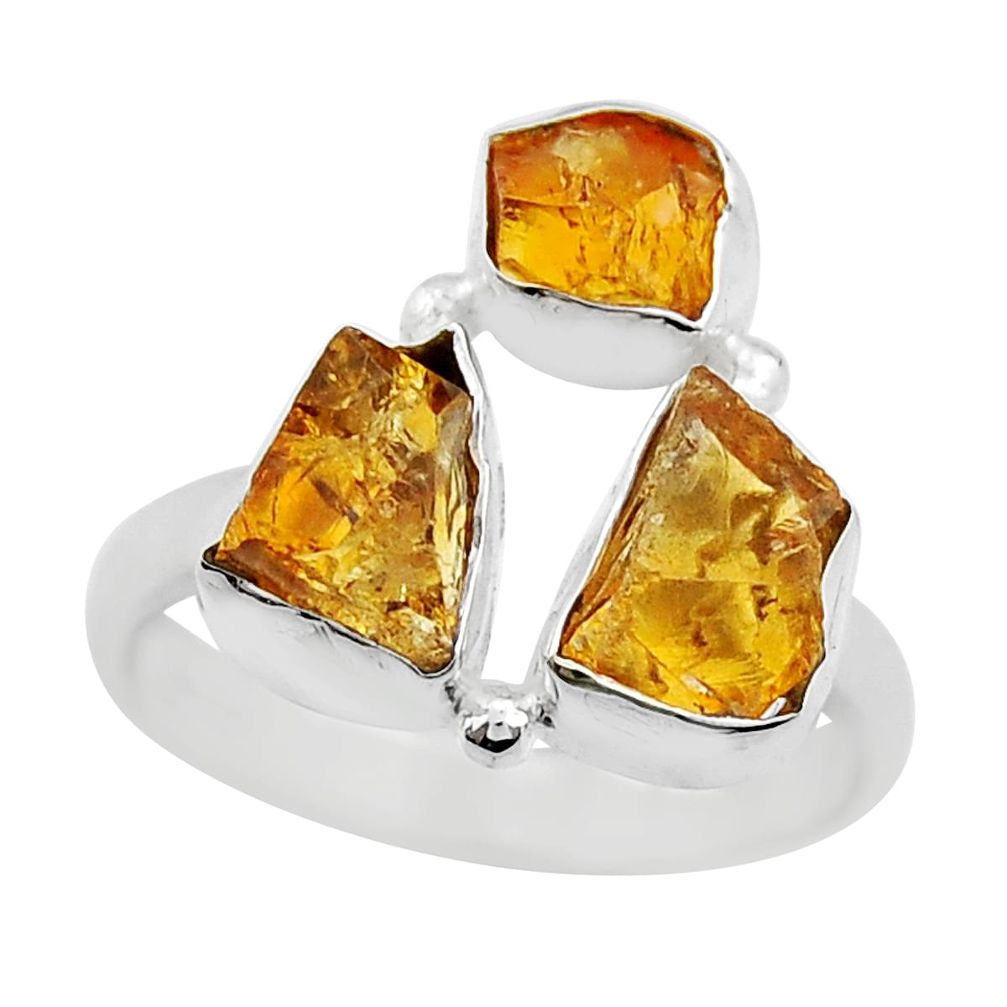 8.77cts 3 stone yellow citrine rough 925 sterling silver ring size 8.5 y25629