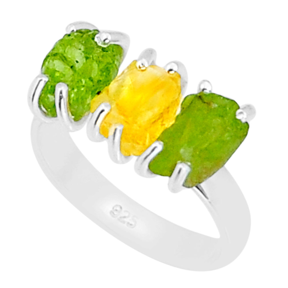 9.44cts 3 stone yellow citrine rough peridot rough 925 silver ring size 7 y4454