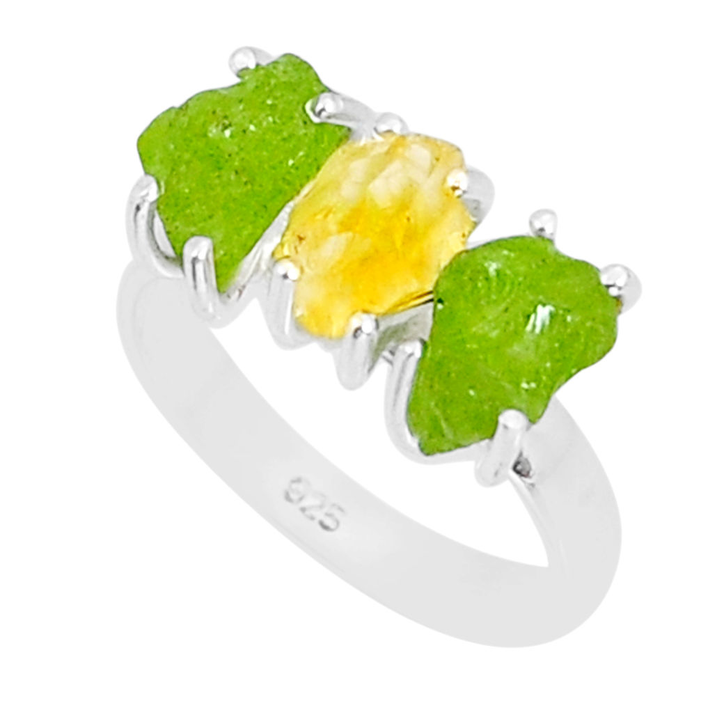 9.86cts 3 stone yellow citrine rough peridot rough 925 silver ring size 8 y4453