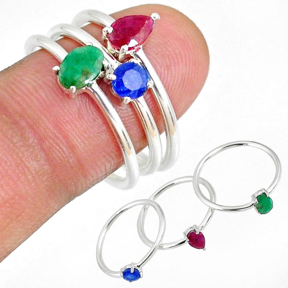3.82ct natural ruby emerald sapphire 925 silver 3 stackable ring size 7.5 r59952
