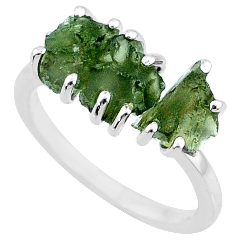 7.87ct natural green moldavite (genuine czech) 3 stone silver ring size 7 r71979