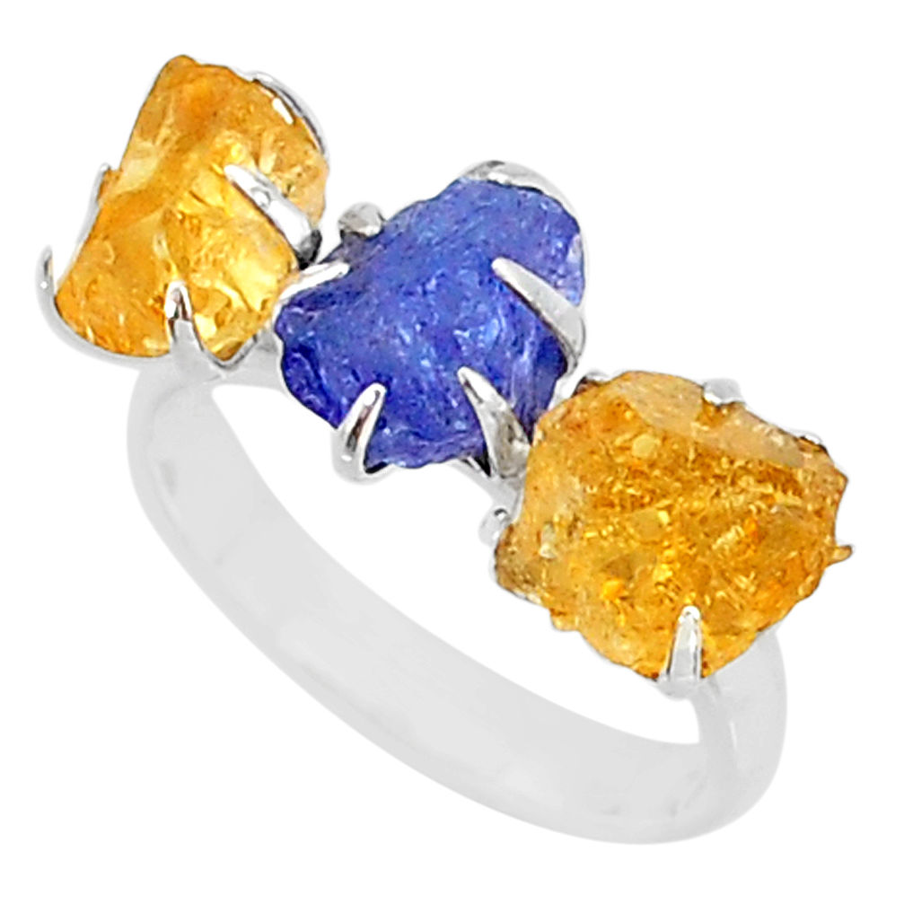 8.87ct natural blue tanzanite citrine raw 925 silver 3 stone ring size 7 t7113