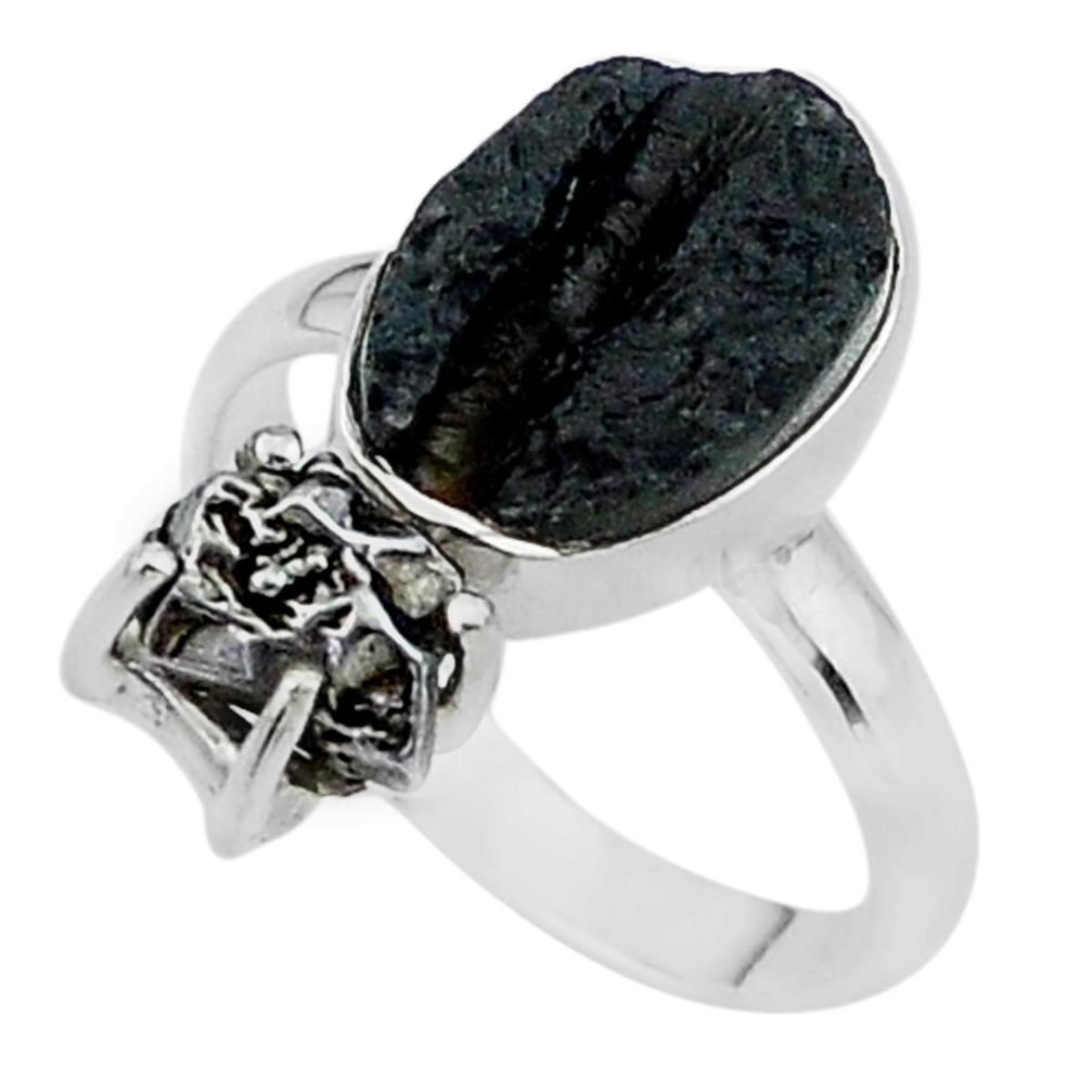 9.18ct natural black tektite campo del cielo meteorite silver ring size 9 t14211