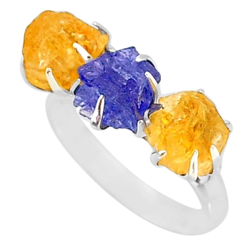 9.35ct natural blue tanzanite citrine raw 925 silver 3 stone ring size 8 t7110