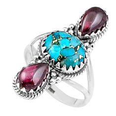 925 silver 7.28cts 3 stone blue copper turquoise red garnet ring size 9 u23194
