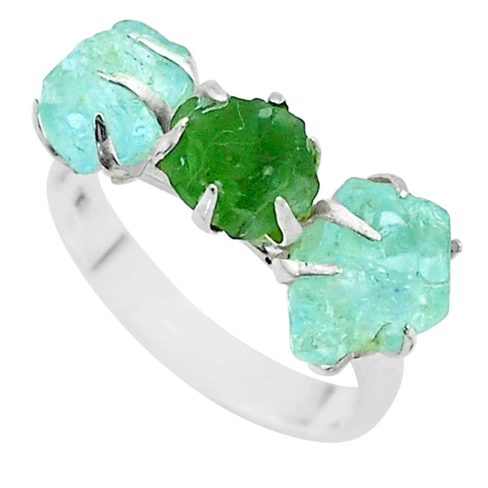 925 silver 9.37cts 3 stone green emerald aquamarine raw ring size 8 t52283