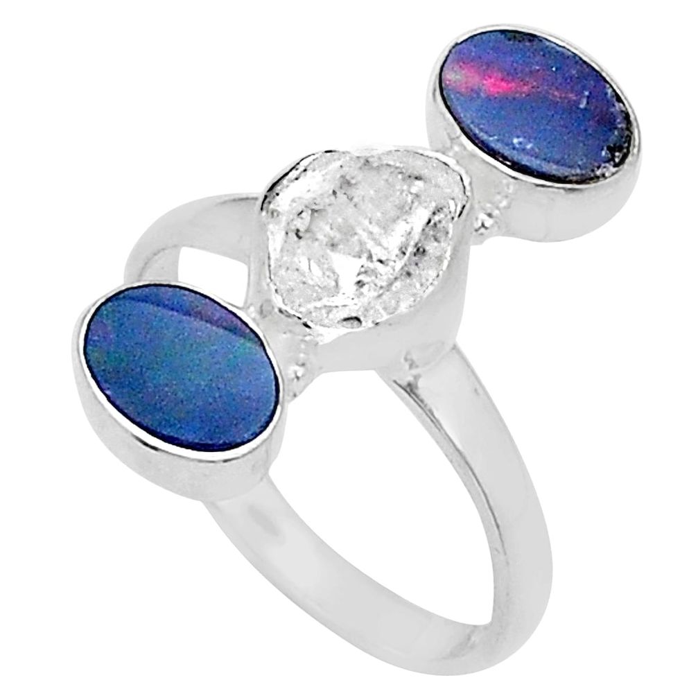 925 silver 3 stone herkimer diamond doublet opal australian ring size 9 u77384