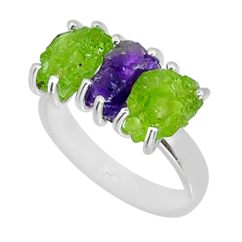 Clearance Sale- 925 silver 9.83cts 3 stone natural amethyst peridot rough ring size 8 y4480