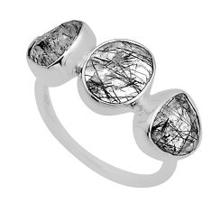 925 silver 7.64cts 3 stone natural black tourmaline rutile ring size 6.5 n52810