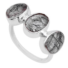 925 silver 7.66cts 3 stone natural black tourmaline rutile ring size 7 n52834