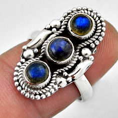 925 silver 2.23cts 3 stone natural blue labradorite round ring size 6.5 n38396