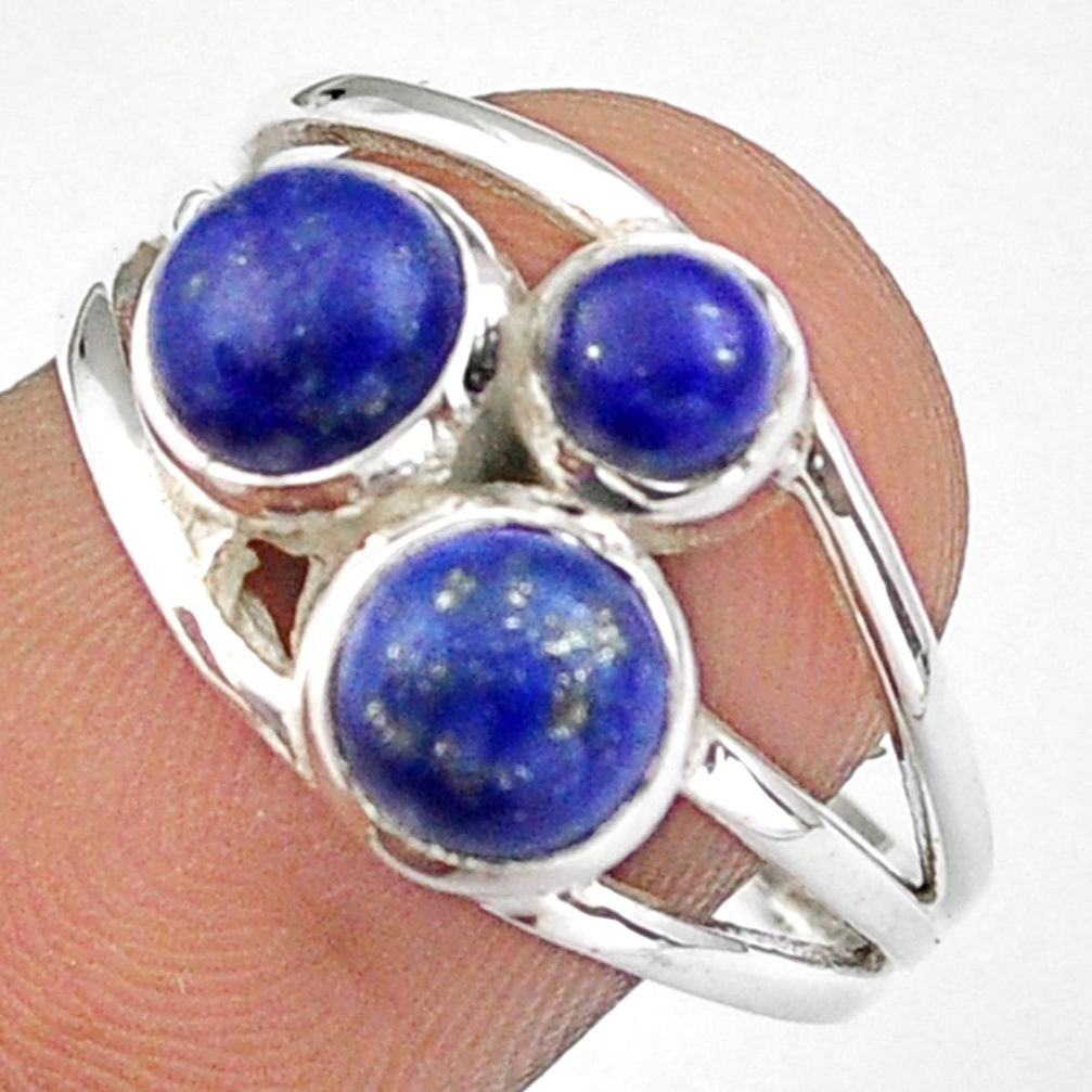 925 silver 3.47cts 3 stone natural blue lapis lazuli round ring size 8.5 u7890