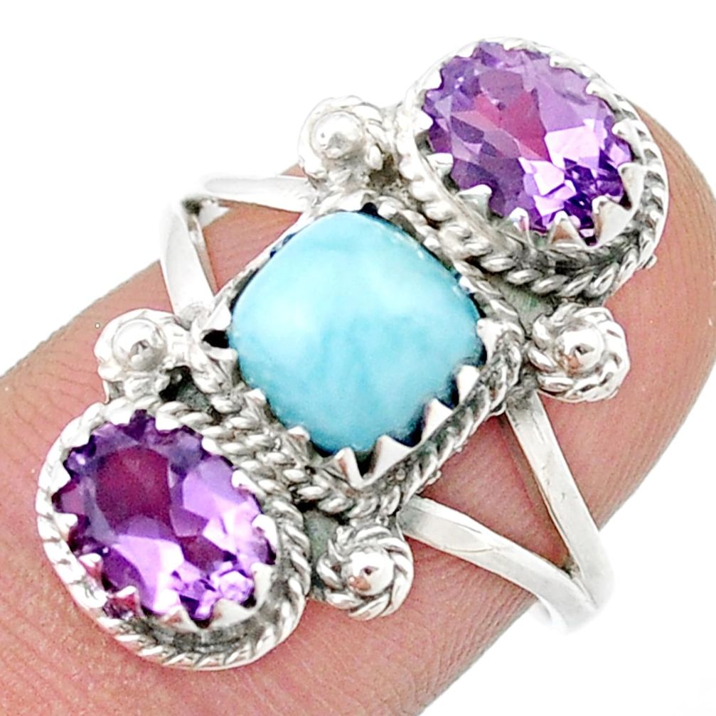 925 silver 6.68cts 3 stone natural blue larimar amethyst ring size 8 u39496