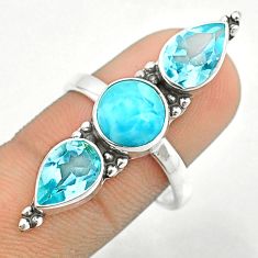 925 silver 6.59cts 3 stone natural blue larimar round topaz ring size 8.5 u25249