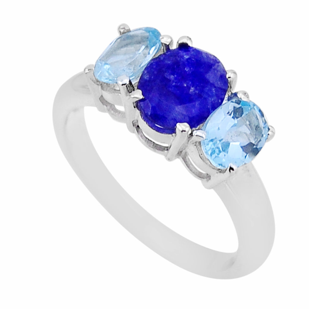 925 silver 6.03cts 3 stone natural blue sapphire oval topaz ring size 9 n54591