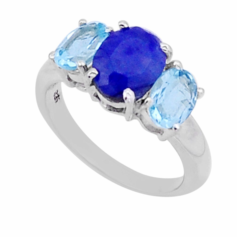 925 silver 6.11cts 3 stone natural blue sapphire topaz oval ring size 7 n54584