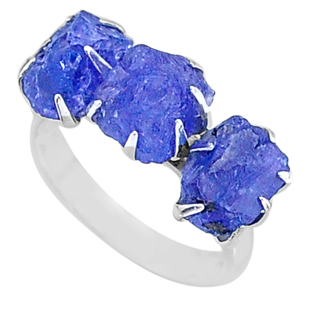 925 silver 10.23cts 3 stone natural blue tanzanite raw ring size 7 t7105
