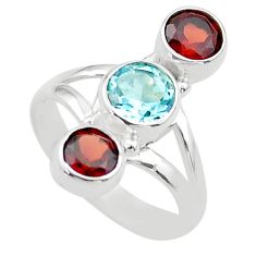 925 silver 3.31cts 3 stone natural blue topaz garnet round ring size 5.5 t63894