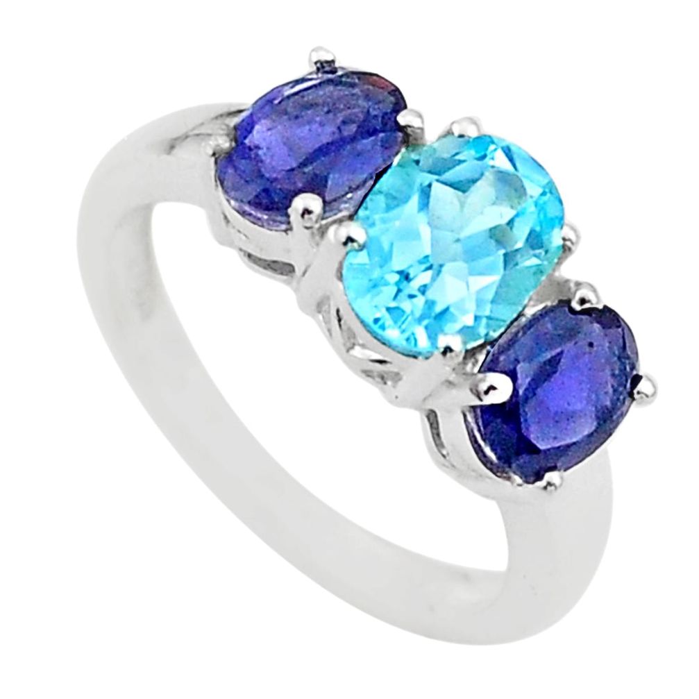 925 silver 6.97cts 3 stone natural blue topaz iolite ring jewelry size 7 t43247