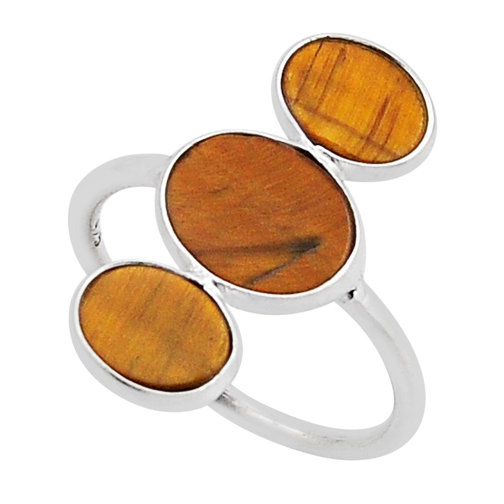 925 silver 6.30cts 3 stone natural brown tiger's eye oval ring size 6.5 n12696