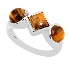 925 silver 4.88cts 3 stone natural brown tiger's eye square ring size 6.5 y46016