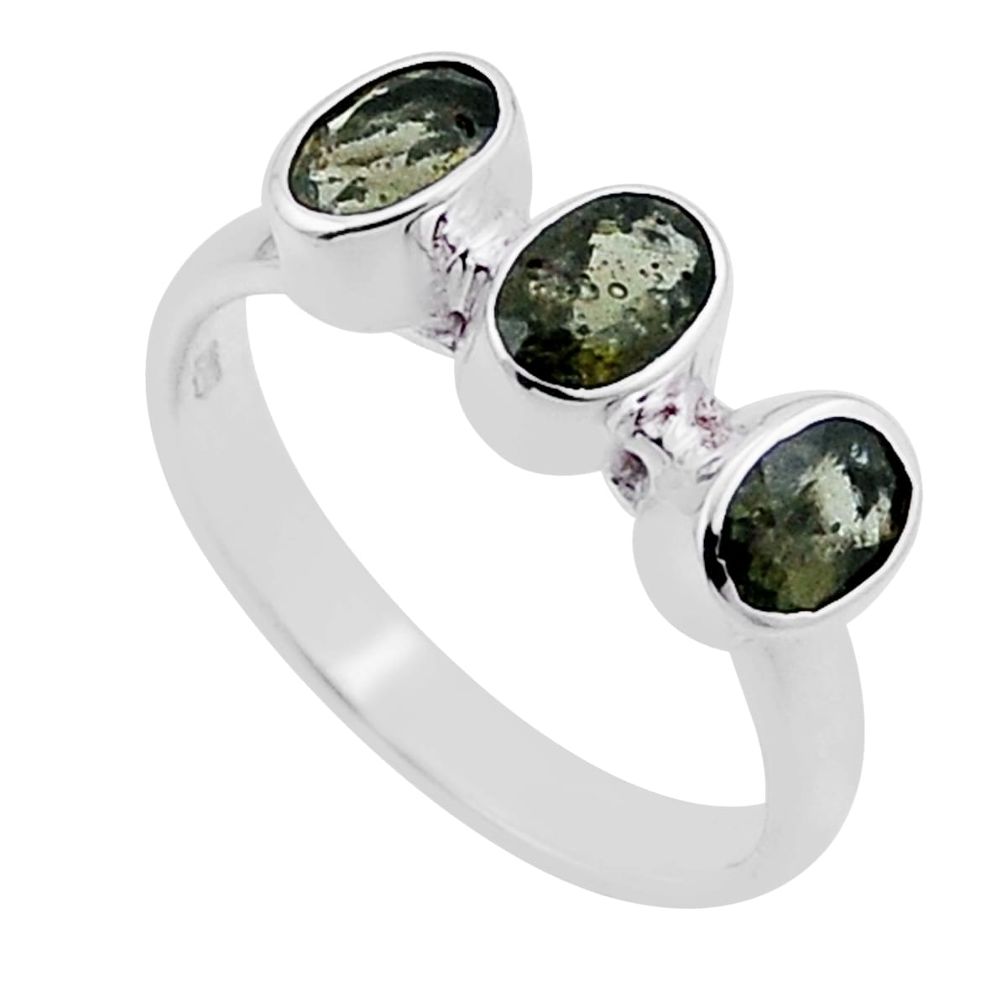 925 silver 2.90cts 3 stone natural moldavite (genuine czech) ring size 7 n47654