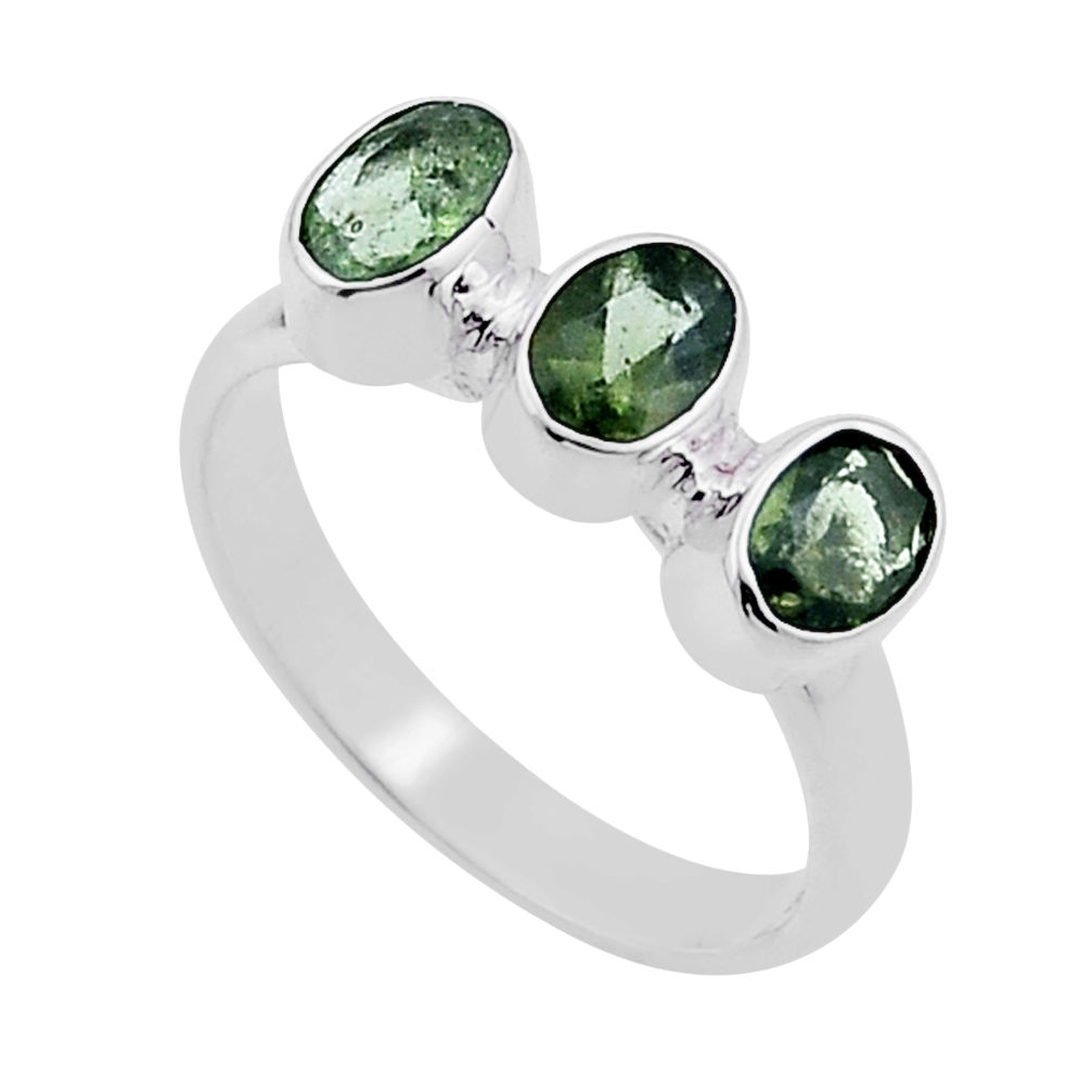 925 silver 2.92cts 3 stone natural moldavite (genuine czech) ring size 7 n47660