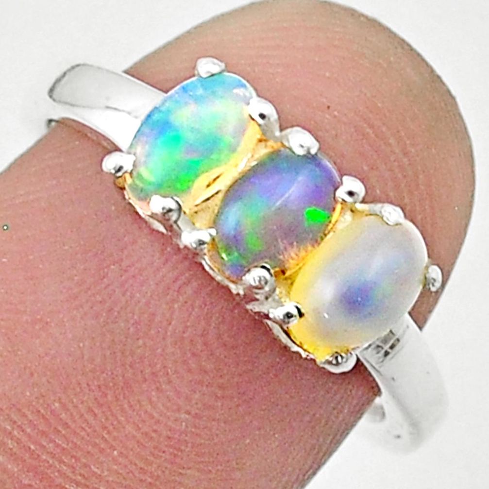 925 silver 2.84cts 3 stone natural multi color ethiopian opal ring size 7 u35393