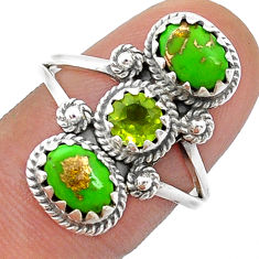 925 silver 3.91cts 3 stone natural peridot copper turquoise ring size 8.5 u69460
