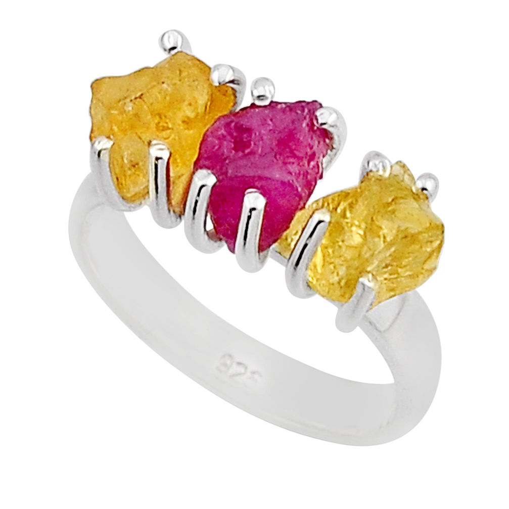 925 silver 8.73cts 3 stone natural pink ruby rough citrine ring size 7 n12266