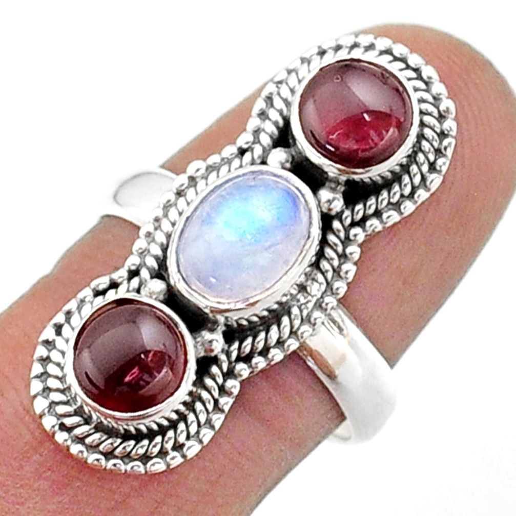 925 silver 4.71cts 3 stone natural rainbow moonstone garnet ring size 8 t73744