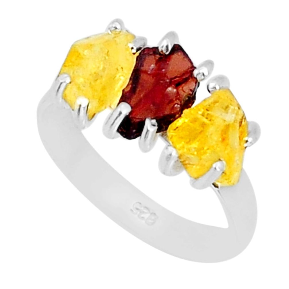 925 silver 9.42cts 3 stone natural red garnet citrine rough ring size 8 y4442