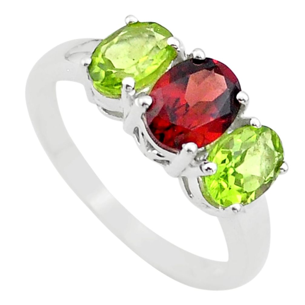 925 silver 5.92cts 3 stone natural red garnet green peridot ring size 6 t43230