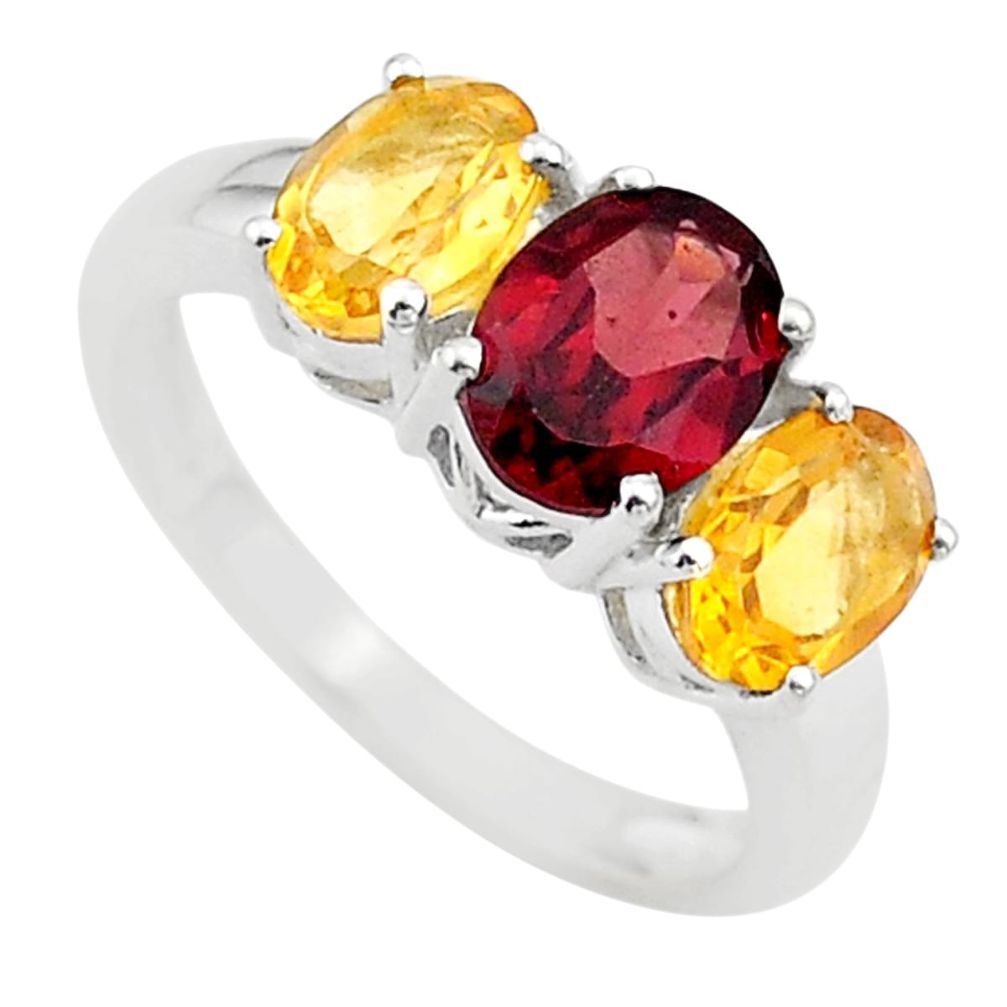 925 silver 6.26cts 3 stone natural red garnet yellow citrine ring size 7 t43252