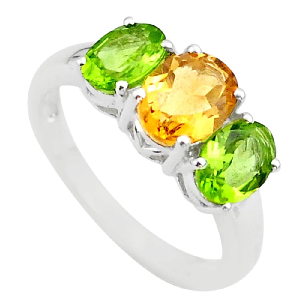 925 silver 6.27cts 3 stone natural yellow citrine peridot ring size 8 t43260