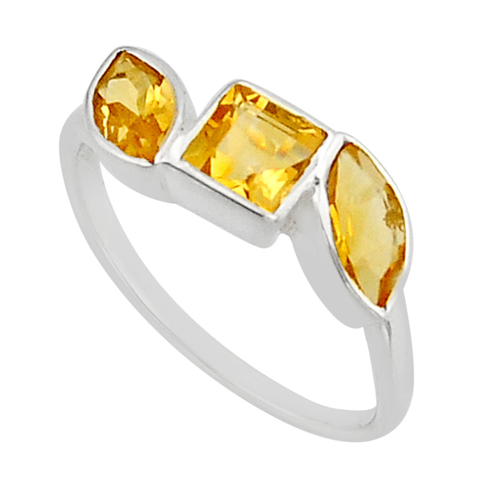 925 silver 4.21cts 3 stone natural yellow citrine square ring size 7 y79047