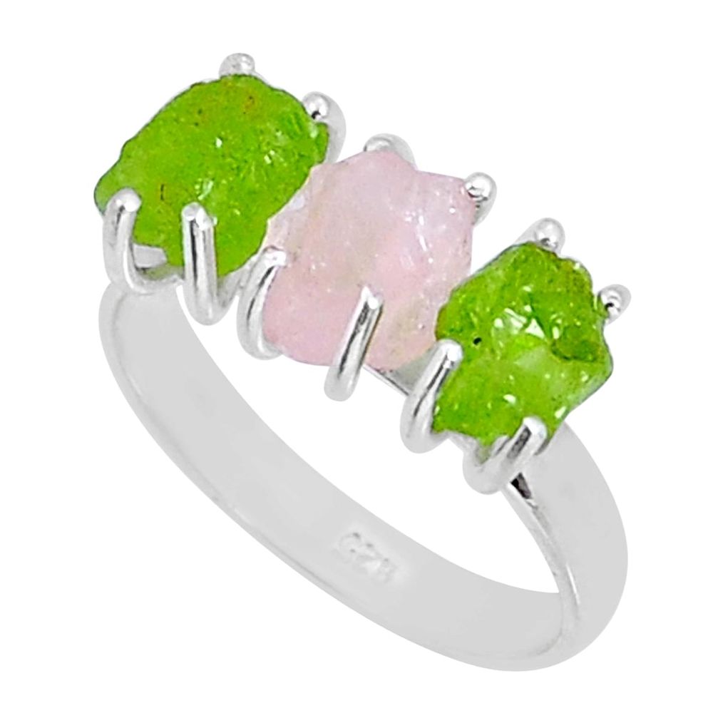 925 silver 10.21cts 3 stone pink rose quartz peridot rough ring size 9 y4494