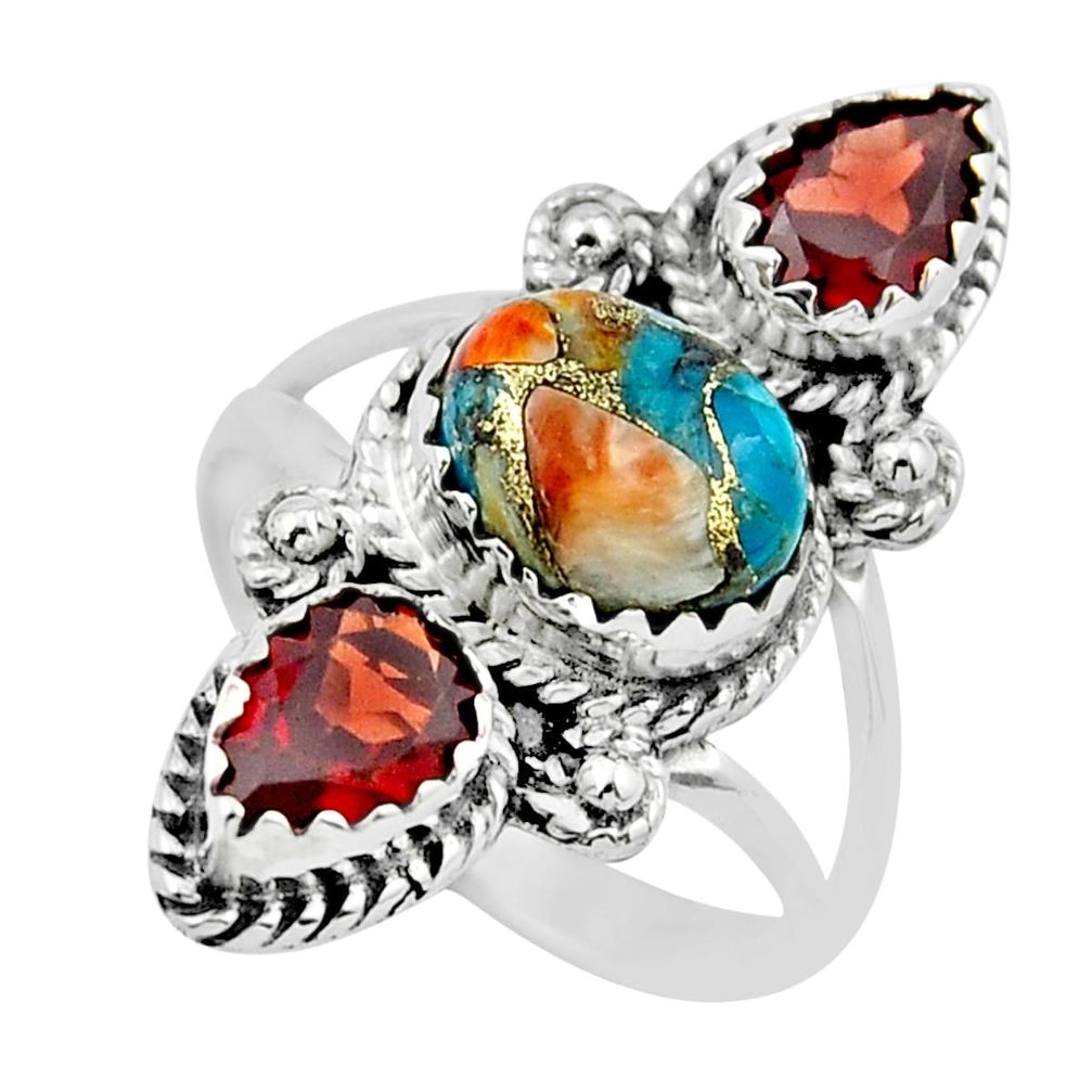 925 silver 3 stone spiny oyster arizona turquoise garnet ring size 6.5 y38241