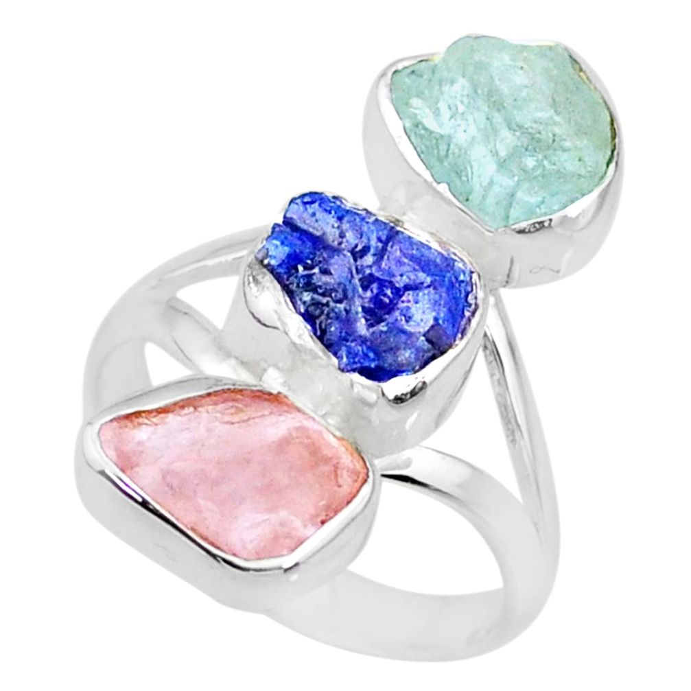 925 silver 11.57cts aquamarine rose quartz sapphire raw ring size 7 r73705